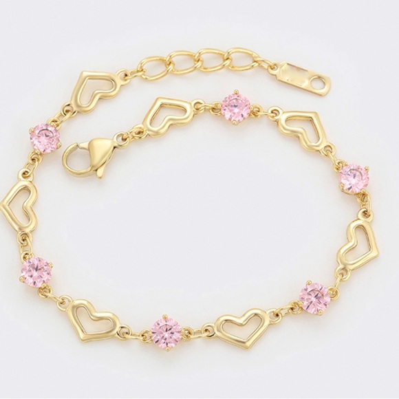 Heart Chain Bracelet CZ Pink Stone 14k Gold Plated - Picture 5 of 11